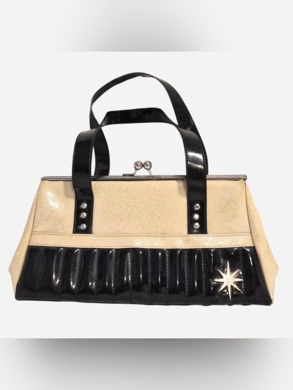Lux De Ville Cream Sparkle Black Patent Starburst Kiss Lock Purse Handbag